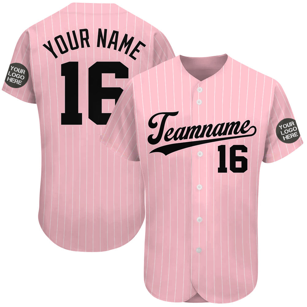 Custom Logo Name Number Pink Pinstripe Baseball Jersey Vr2 Do99
